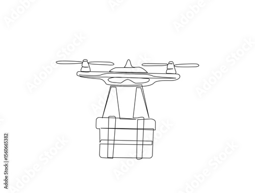 Delivery cargo drone in single line draw illustration. Continuous one line drawing of drone shipment, Editable stroke.