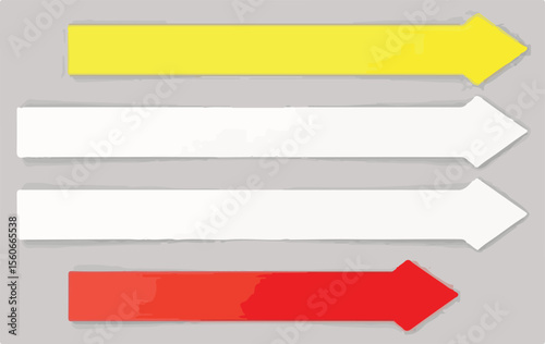 Four glossy horizontal arrows, one yellow, two white, and one red, with subtle shadows, pointing right against a light gray background, ideal for infographics or labels.