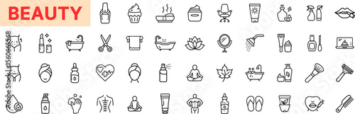 Beauty Line Icon Design Featuring Cosmetics, Skincare Bottles, Lipsticks, Spa Tubs, Towels, Scissors, Lotions, Nail Polish, Mirrors, Cream Jars, Yoga Poses, Leaves, Flip-Flops, and Combs