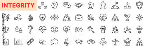 Integrity Line Icon Design Featuring Handshakes, Hearts, Shields, Eyes, Trophies, Light Bulbs, Teamwork, Leadership, Honesty Symbols, Trust, Transparency, Ethics, and Value Representation