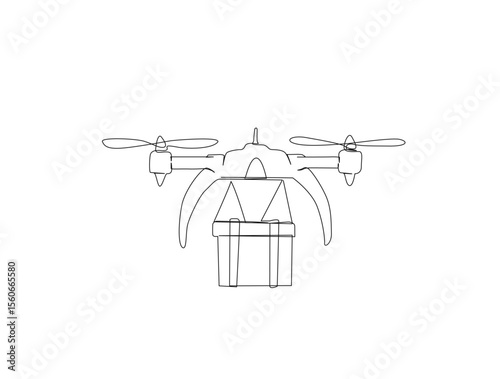 Delivery cargo drone in single line draw illustration. Continuous one line drawing of drone shipment, Editable stroke.