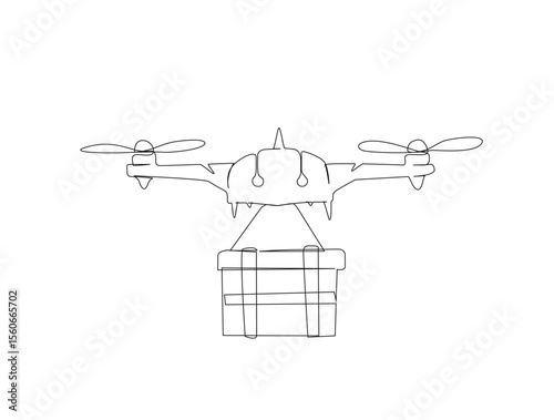 Delivery cargo drone in single line draw illustration. Continuous one line drawing of drone shipment, Editable stroke.