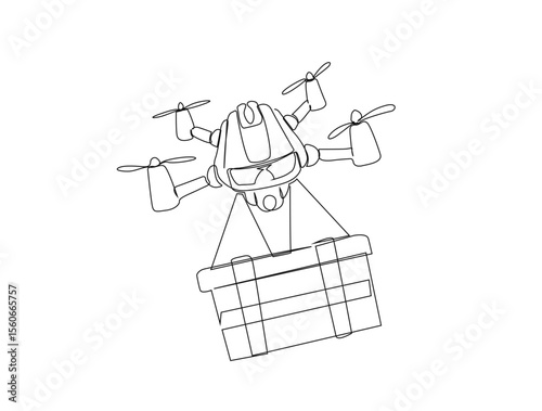 Delivery cargo drone in single line draw illustration. Continuous one line drawing of drone shipment, Editable stroke.