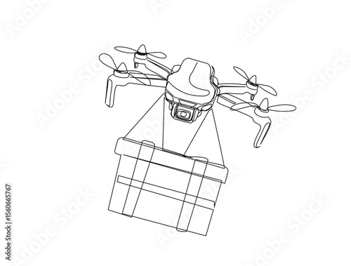 Delivery cargo drone in single line draw illustration. Continuous one line drawing of drone shipment, Editable stroke.