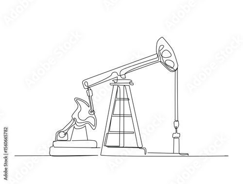 Oil pumpjack in single line draw illustration. Continuous one line drawing of Land oil drilling rig, Editable stroke.