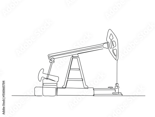Oil pumpjack in single line draw illustration. Continuous one line drawing of Land oil drilling rig, Editable stroke.