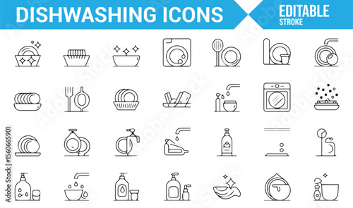 Icons for washing dishes, utensils, and cleaning tools in the kitchen and household setting.