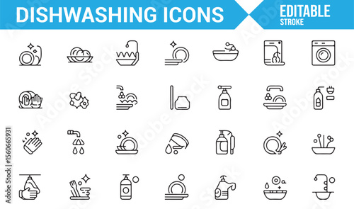 Set of cleaning and dishwashing-related icons, perfect for kitchen hygiene and domestic chores.