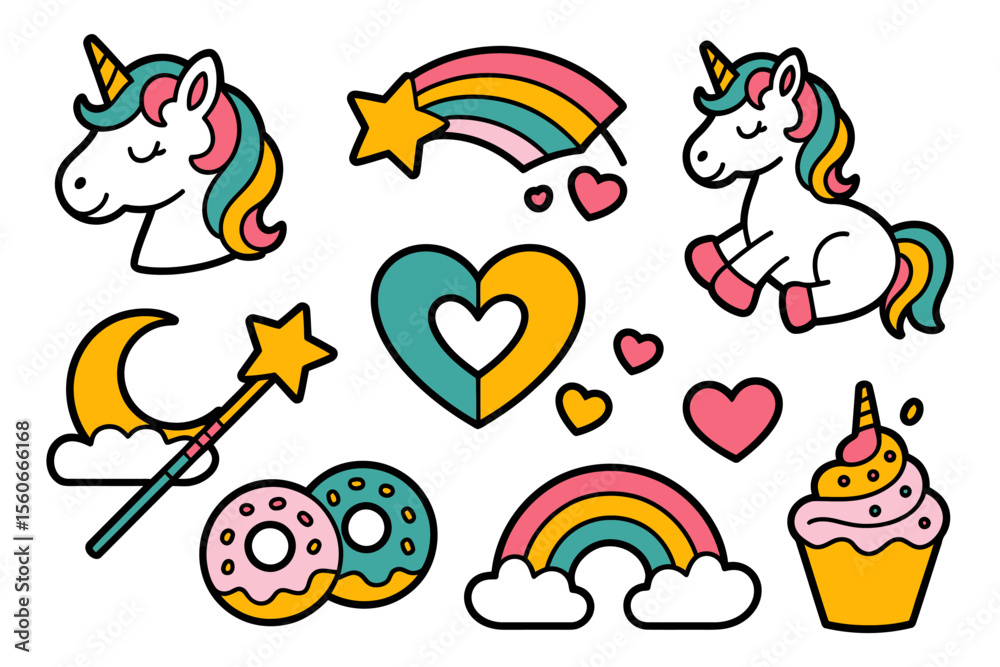 Naklejka premium Vector art of a set of colorful unicorn and fantasy themed stickers isolated on white background