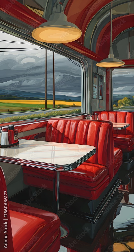 Fototapeta premium Diner Booth Amidst a Colorful Landscape View