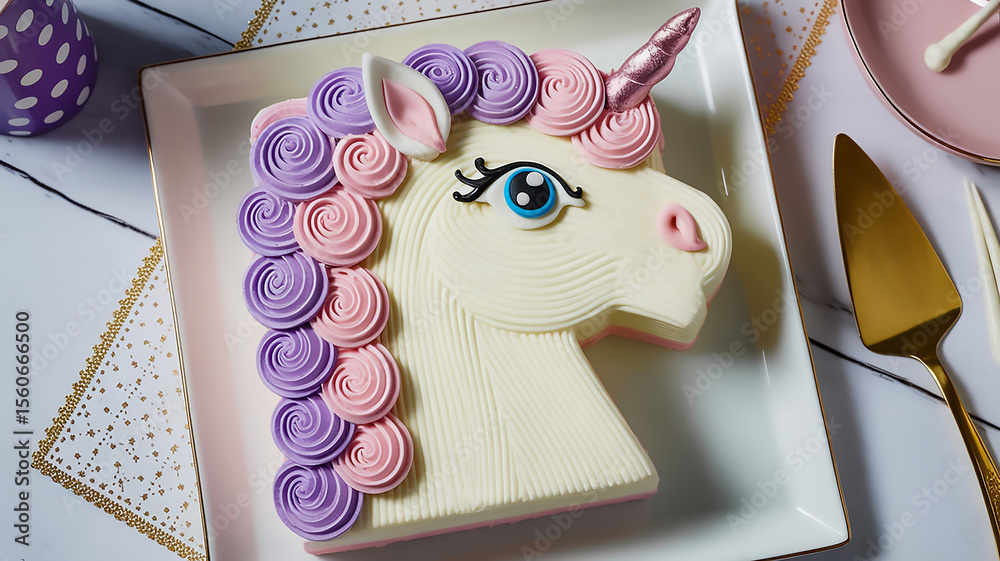 Fototapeta premium A white square-shaped cake decorated as a unicorn head, photographed from above on a white square plate