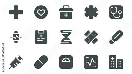 Health and medicine glyph icons pack for web design. Solid icon set with cross, heart, first aid kit, pharmacy, stethoscope, patient record, plaster, thermometer, more pictogram. Vector illustration.