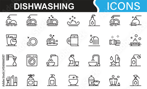 Dishwashing and home chores icons for cleaning, drying, and organizing kitchenware.