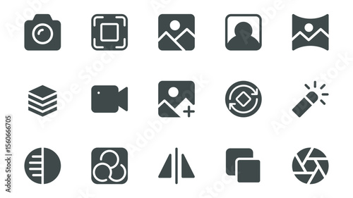 Photo edit glyph icons pack for web design. Solid icon set with camera, picture, portrait, album gallery, image, lens, video film, retouch, correction tool and more pictograms. Vector illustration.