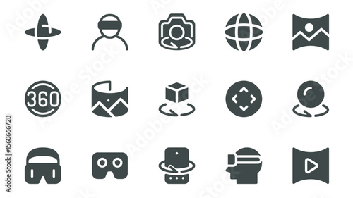 Virtual reality glyph icons pack for web design. Solid icon set with panoramic view, augmented simulation, VR headset, 360 degree vision, online video gaming and more pictograms. Vector illustration.