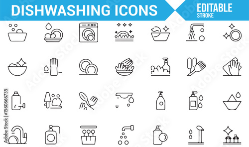Line art symbols of dishwashing tools, including soap, sponges, and washing machines.