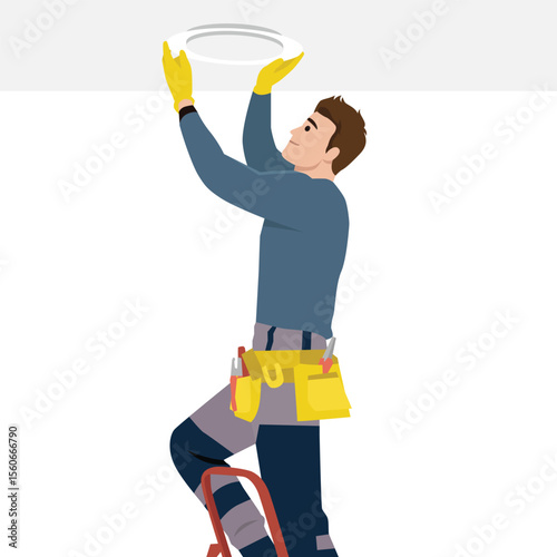 Electrician in work gear stands on a ladder, installing or repairing a ceiling light with focus. Flat vector illustration isolated on white background