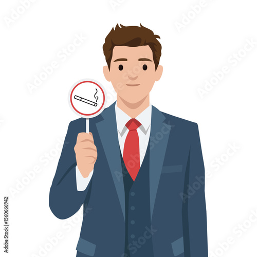 Well dressed man in a suit and red tie firmly holds a no smoking sign, promoting clean environment. Flat vector illustration isolated on white background
