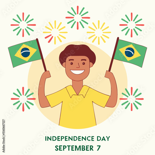 Joyful brazilian boy celebrating independence day with fireworks and flags