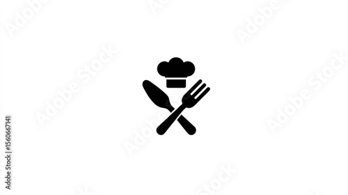 Black silhouette of crossed fork/knife with chef's hat, centered on a white backdrop