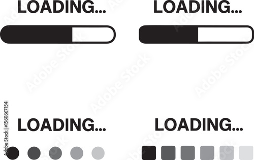 Digital loading bar indicators in various stages of progress.