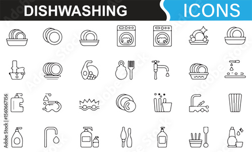 Collection of line art icons showing essential dishwashing products and home cleaning tools.
