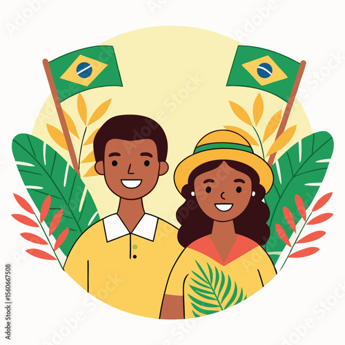 Joyful brazilian couple celebrating carnival with tropical elements and flags