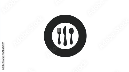 Simple graphic icon shows a plate with cutlery (fork, knife, spoon) against white