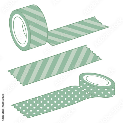 Sage green washi tape illustration with stripes and stars perfect for scrapbooking journaling or adding a whimsical touch