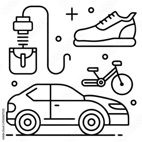 Line Art Icon Set Electric Car, Bike, Walking, and More