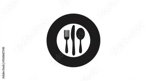 Stylized black and white icon of a plate with fork, knife, and spoon arrangement