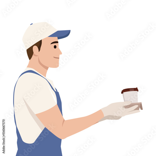 Barista in uniform and gloves offers a cup of coffee, highlighting warmth, service, and hospitality. Flat vector illustration isolated on white background