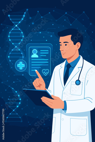Doctor using digital tablet for electronic health records on a futuristic virtual screen. Telemedicine and healthcare technology concept. Medical innovation, DNA analysis, and AI.