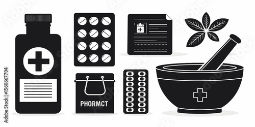 Flat Pharmacy and Medicine Icon Set – Modern Vector of Pills, Prescription, and Pharmacist Tools