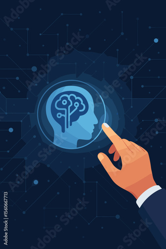 Artificial intelligence concept with a human hand touching a glowing AI brain icon. Machine learning, neural network, and big data technology. Futuristic science and innovation vector.