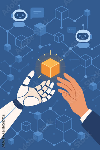 Artificial intelligence concept with robot and human hands. Collaboration over a blockchain network. Machine learning, deep learning, chatbot support, and innovative business technology.