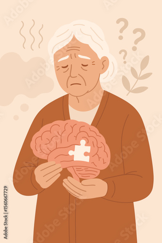 Alzheimer's disease concept. Elderly woman with dementia holding a brain with a missing jigsaw puzzle piece. Metaphor for memory loss, confusion, and mental health disorders in seniors.