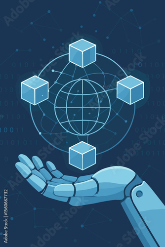 Blockchain technology concept with AI. Robot hand holds abstract global network with data blocks. Internet security, cryptocurrency, fintech innovation with binary code vector.