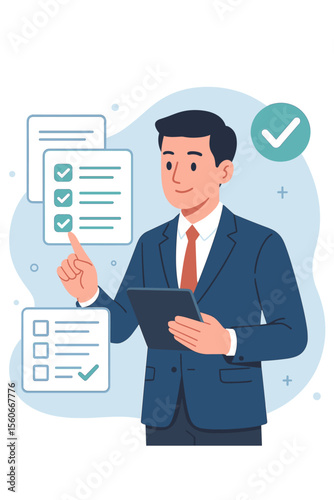 Businessman reviewing and approving electronic documents on digital tablet, online checklist, virtual business evaluation, communication technology, workflow management, office productivity