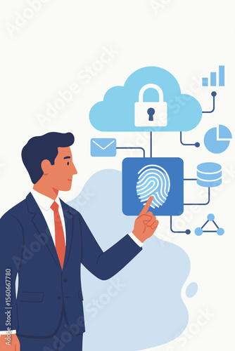 Businessman fingerprint scanning for secure cloud data access, biometric authentication, network security, digital privacy, business analytics, email, database, modern technology concept