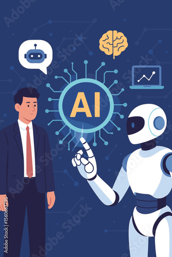 AI technology concept. Robot and businessman interacting with an artificial intelligence interface. Machine learning, deep learning, chatbot, and data analysis for future innovation.