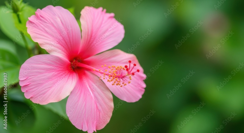 Fototapeta premium Beautiful Pink Hibiscus Flower Blooming in the Garden with Green Leaves and Soft Bokeh Background