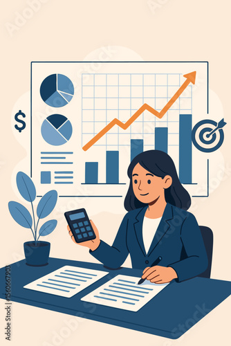 Businesswoman analyzing financial data, calculating company investment growth, planning business strategy, reviewing economic charts, finance balance, target achievement, office management concept