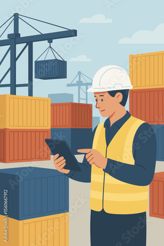 Port logistics manager using digital tablet for cargo tracking and inventory management at shipping container terminal. Industrial worker in safety vest and helmet overseeing freight operations.