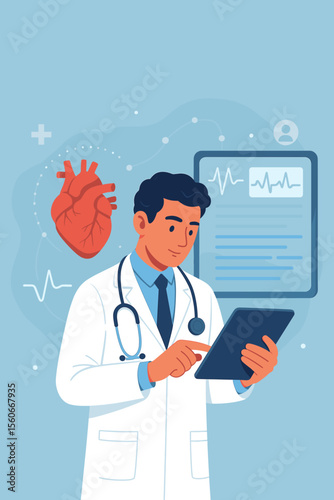 Cardiologist doctor analyzing heart function, reviewing digital patient medical report on tablet. Modern healthcare technology, electronic health records, cardiology checkup, network interface concept