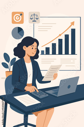 Businesswoman analyzing financial data, calculating investment growth, planning business strategy, setting company targets, economic analysis, finance balance, corporate goal achievement concept
