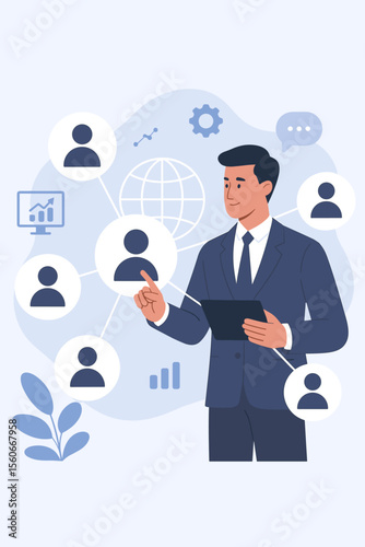 CRM Customer Relationship Management Concept, Businessman with Tablet Connecting Global Customer Network, Data Exchange, Digital Communication, Client Service, Technology Integration, Teamwork