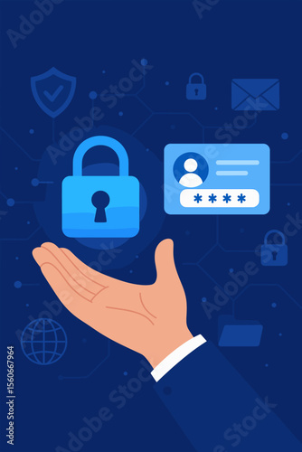 Cyber security hand holding digital padlock, login verified identity credentials, online data protection, secure network access, authorized internet privacy, password safety technology concept