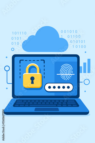 Cyber security login authentication concept, laptop with digital padlock, fingerprint scan, password input, cloud data protection, verified identity, online internet access, secure network technology