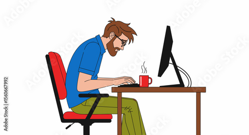 Bearded Man with Poor Posture Working at Computer